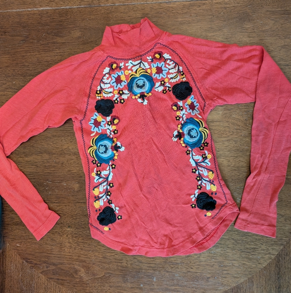 Free People Disco Rose Embroidered Cotton Turtleneck Top XS
